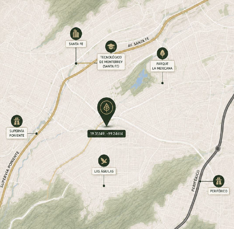 Mapa ilustrado de referencia de Bosques de Tarango y puntos cercanos como Santa Fe, Parque La Mexicana, Supervía Poniente, Las Águilas y Periférico